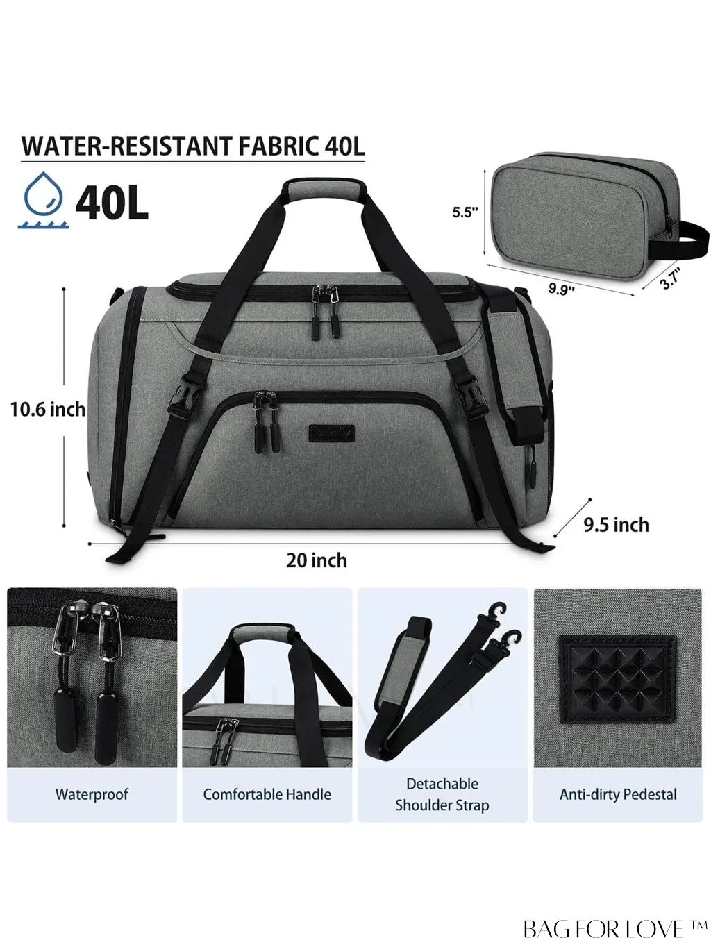 BagForLove - Waterproof Gym Duffle Bag - 40L Sports Travel Bag with Shoe Compartment and Toiletry Bag