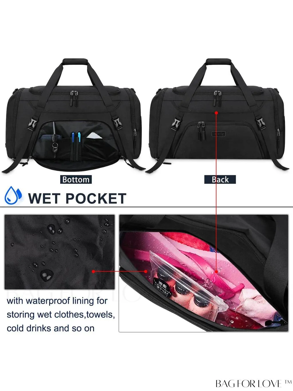 BagForLove - Waterproof Gym Duffle Bag - 40L Sports Travel Bag with Shoe Compartment and Toiletry Bag