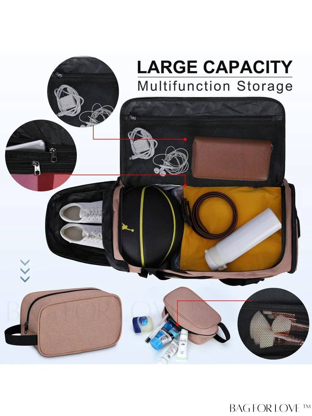 BagForLove - Waterproof Gym Duffle Bag - 40L Sports Travel Bag with Shoe Compartment and Toiletry Bag
