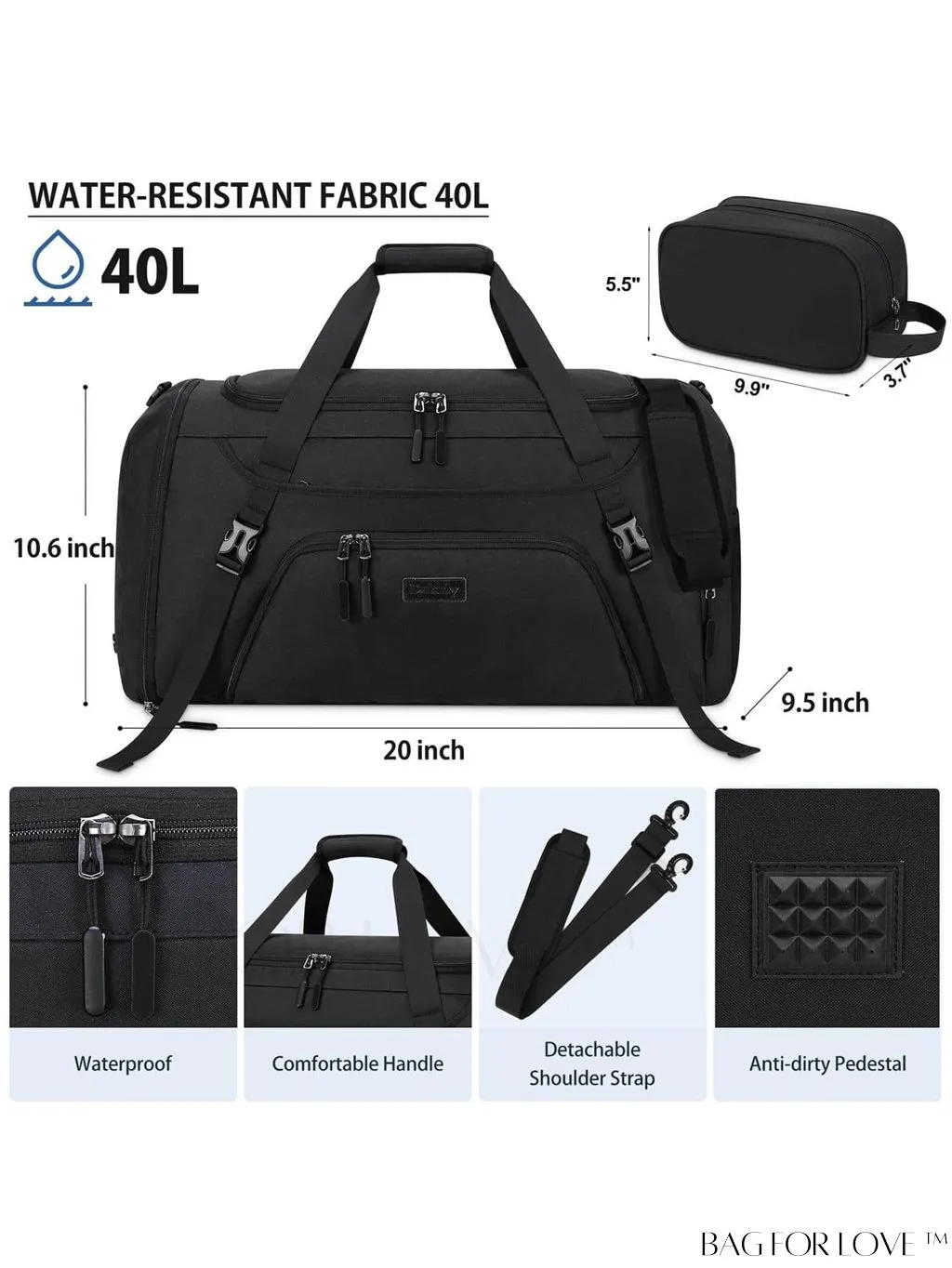 BagForLove - Waterproof Gym Duffle Bag - 40L Sports Travel Bag with Shoe Compartment and Toiletry Bag