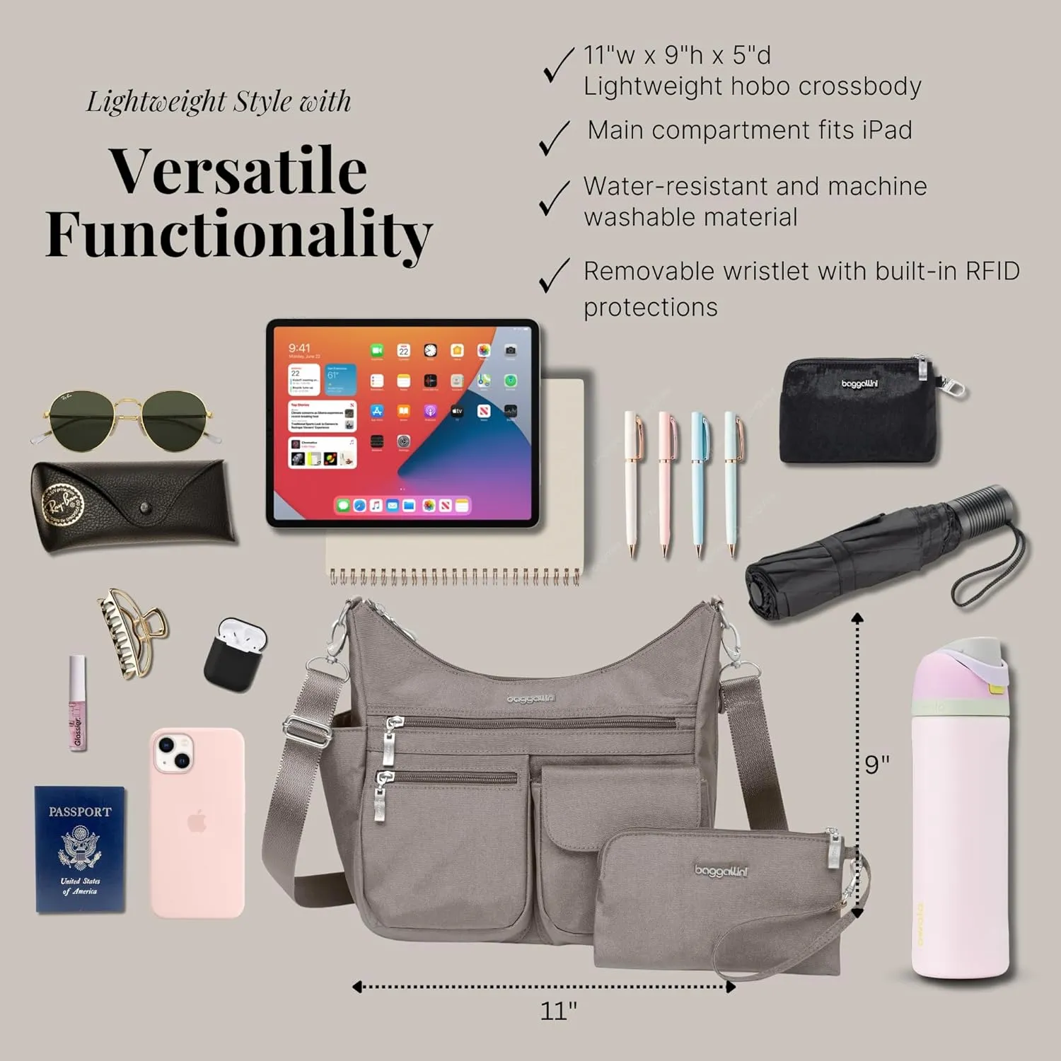 Baggallini Modern Everywhere Crossbody Women 11x9x4.5 RFID Hobo Bag