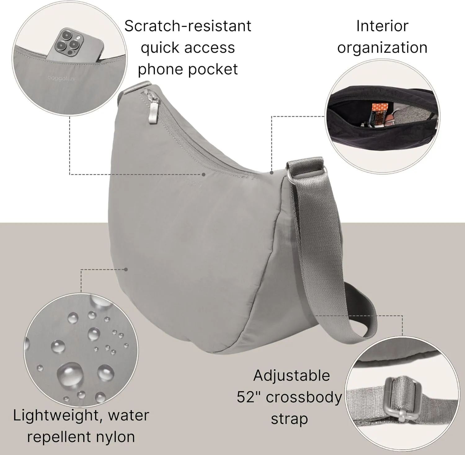 Baggallini Swift Crescent Crossbody Bag for Women - Lightweight 12"x8" Travel Purse Handbag