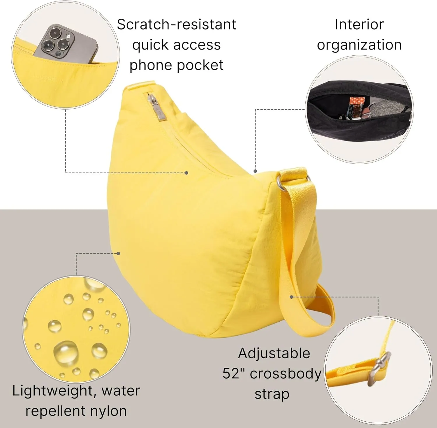 Baggallini Swift Crescent Crossbody Bag for Women - Lightweight 12"x8" Travel Purse Handbag