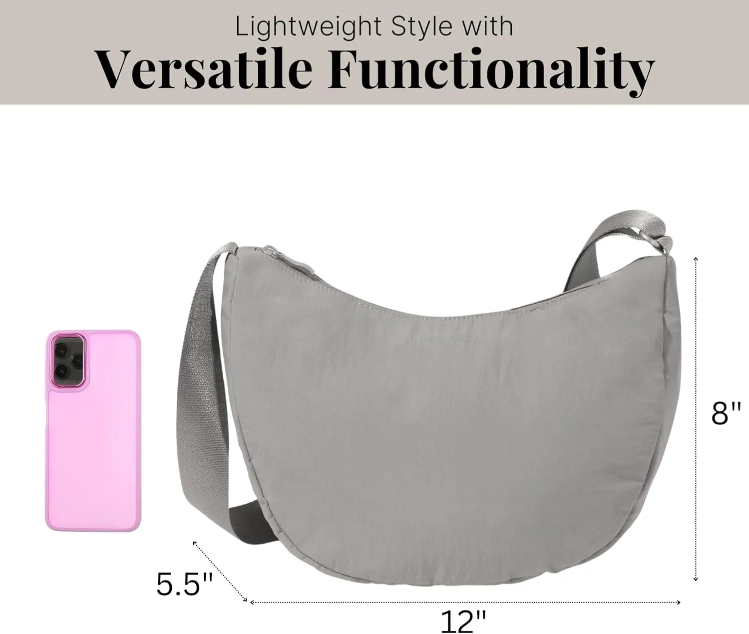 Baggallini Swift Crescent Crossbody Bag for Women - Lightweight 12"x8" Travel Purse Handbag