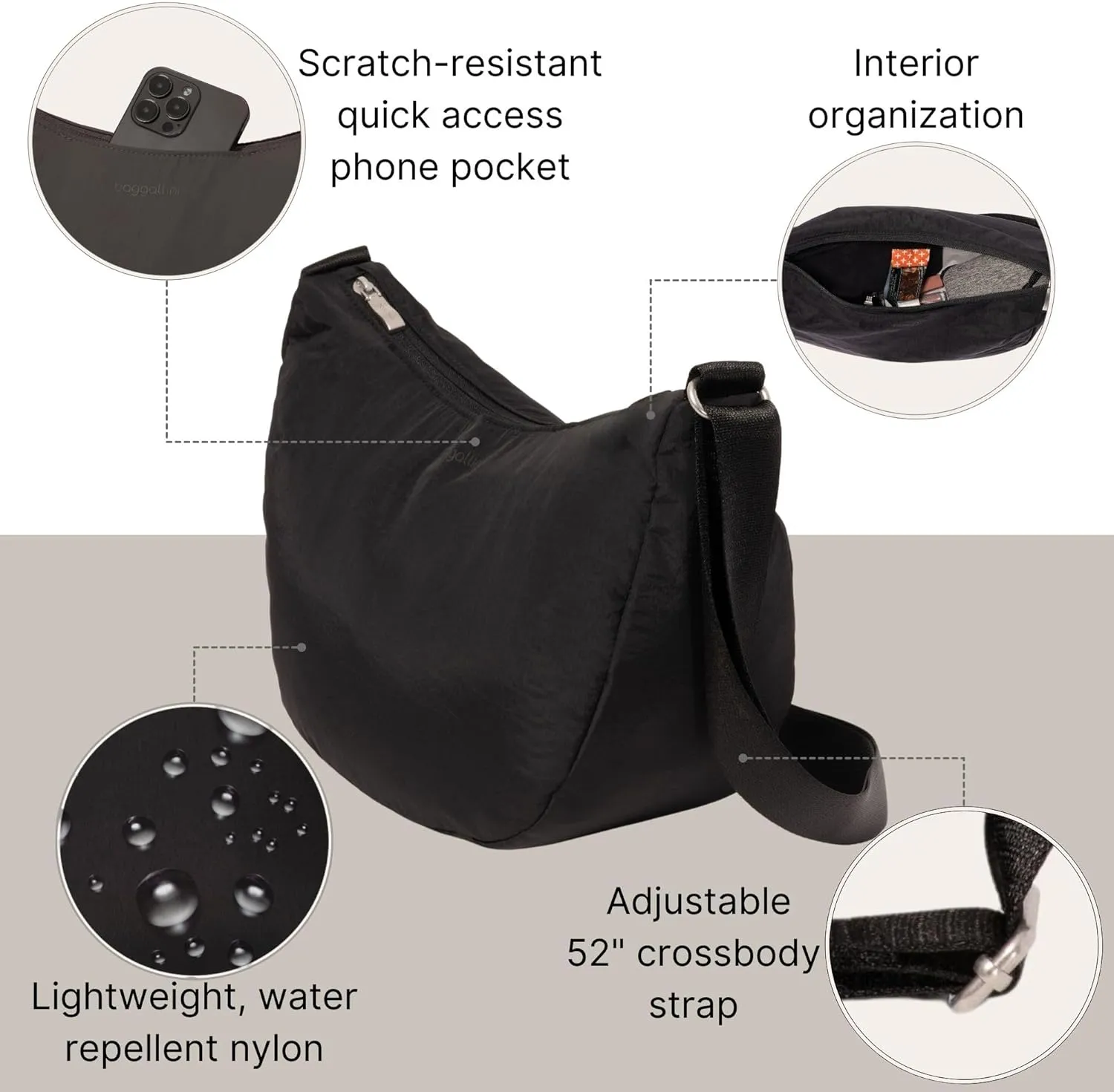 Baggallini Swift Crescent Crossbody Bag for Women - Lightweight 12"x8" Travel Purse Handbag