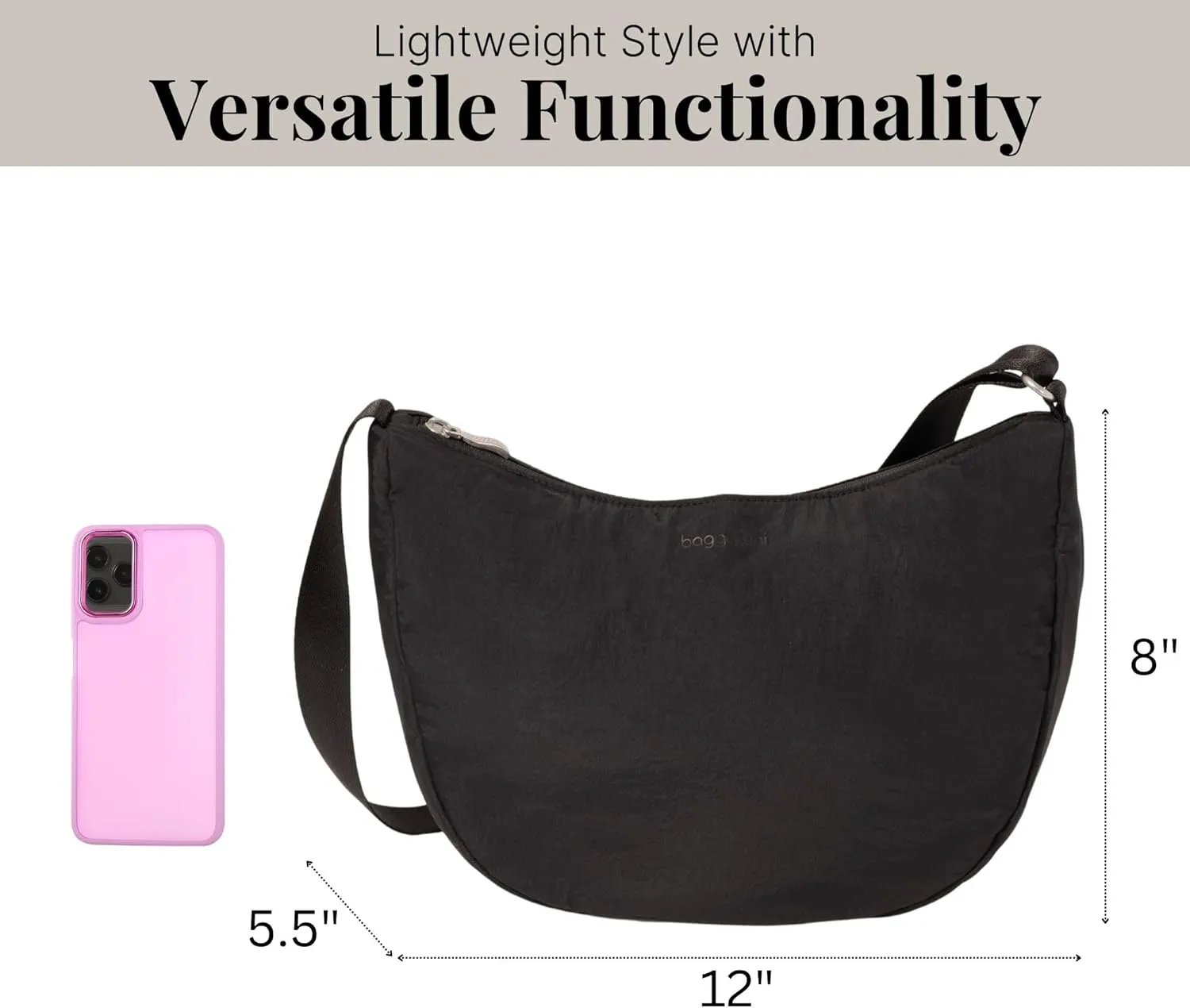 Baggallini Swift Crescent Crossbody Bag for Women - Lightweight 12"x8" Travel Purse Handbag