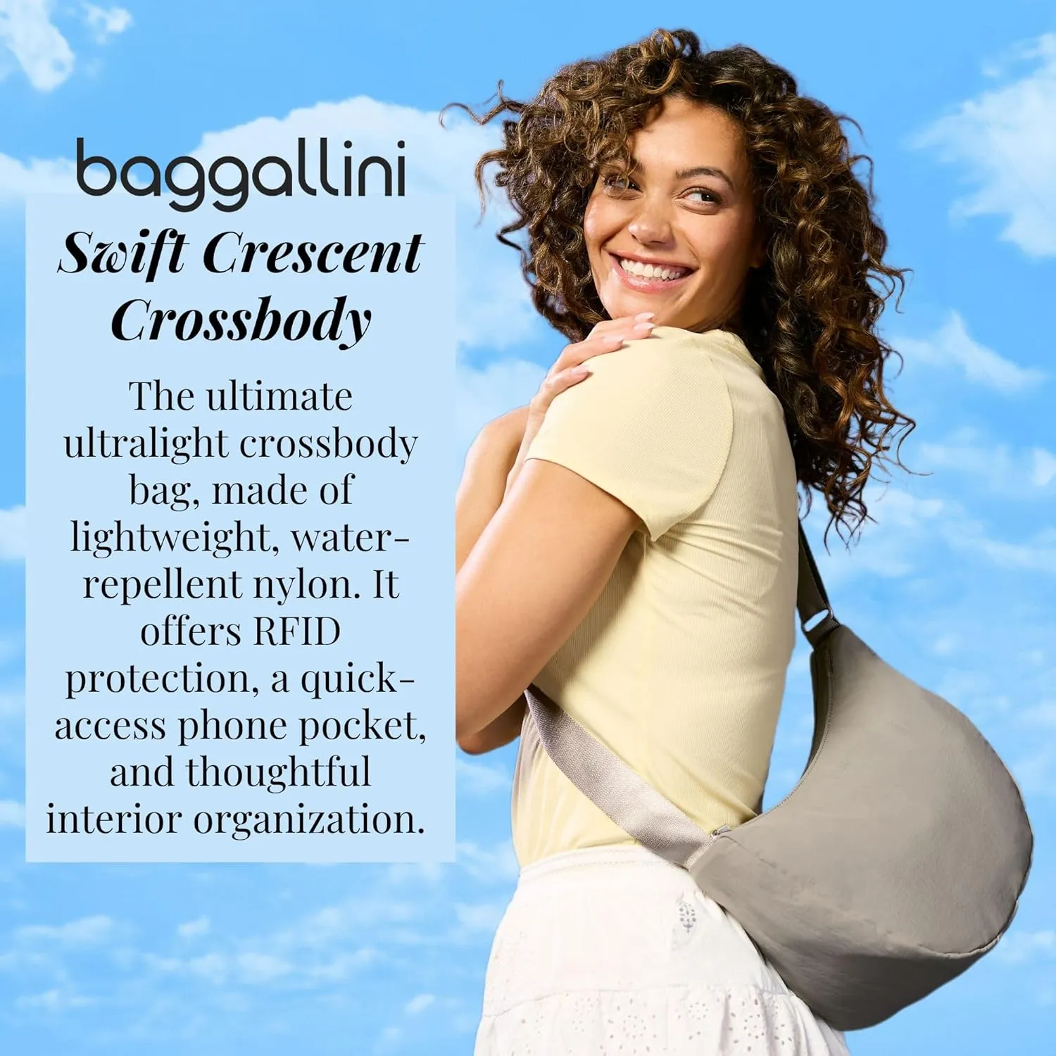 Baggallini Swift Crescent Crossbody Bag for Women - Lightweight 12"x8" Travel Purse Handbag