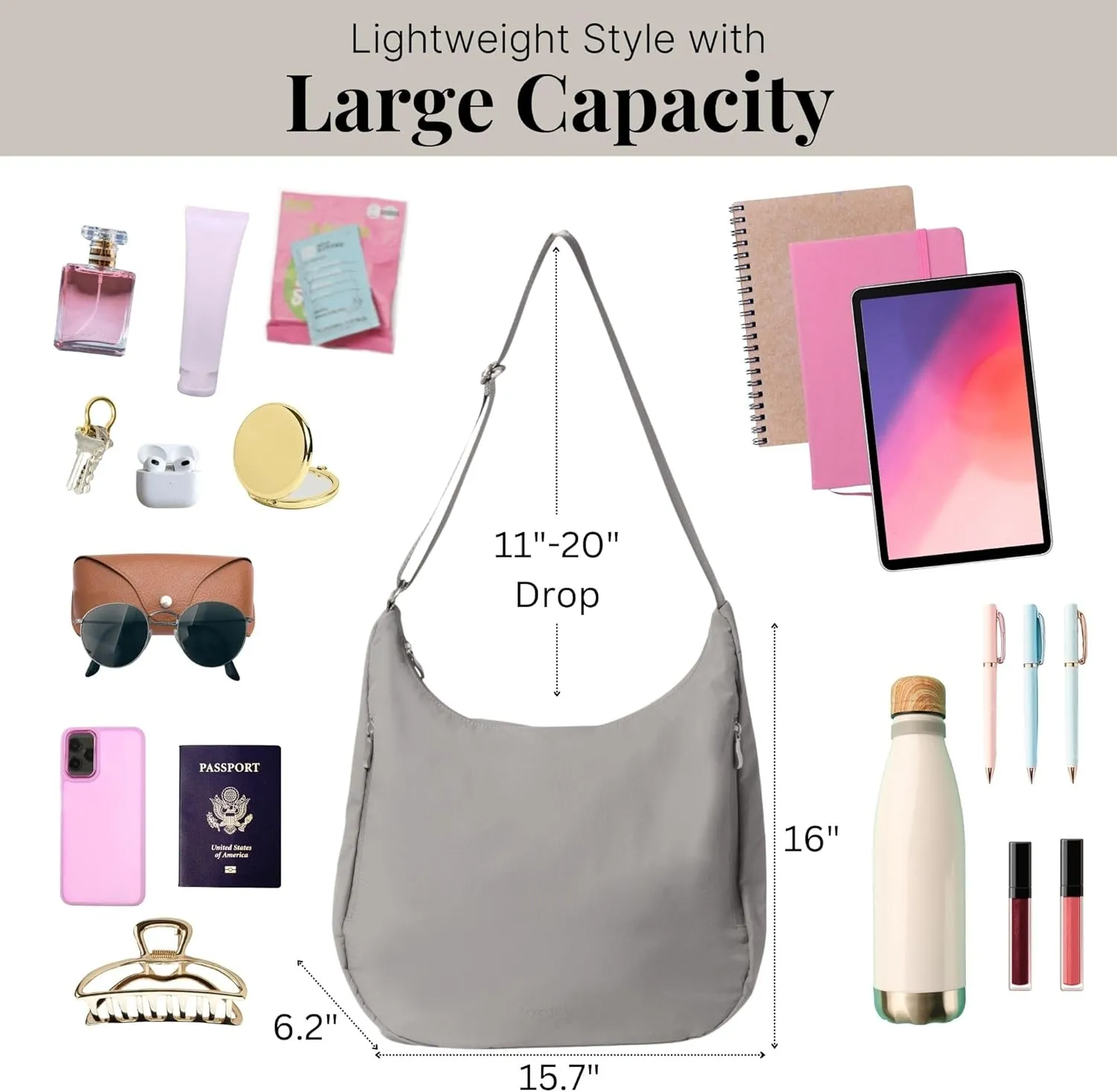Baggallini Swift Hobo Crossbody Bag for Women - Lightweight 15.7"x16" Travel Purse Handbag Hobo Bag