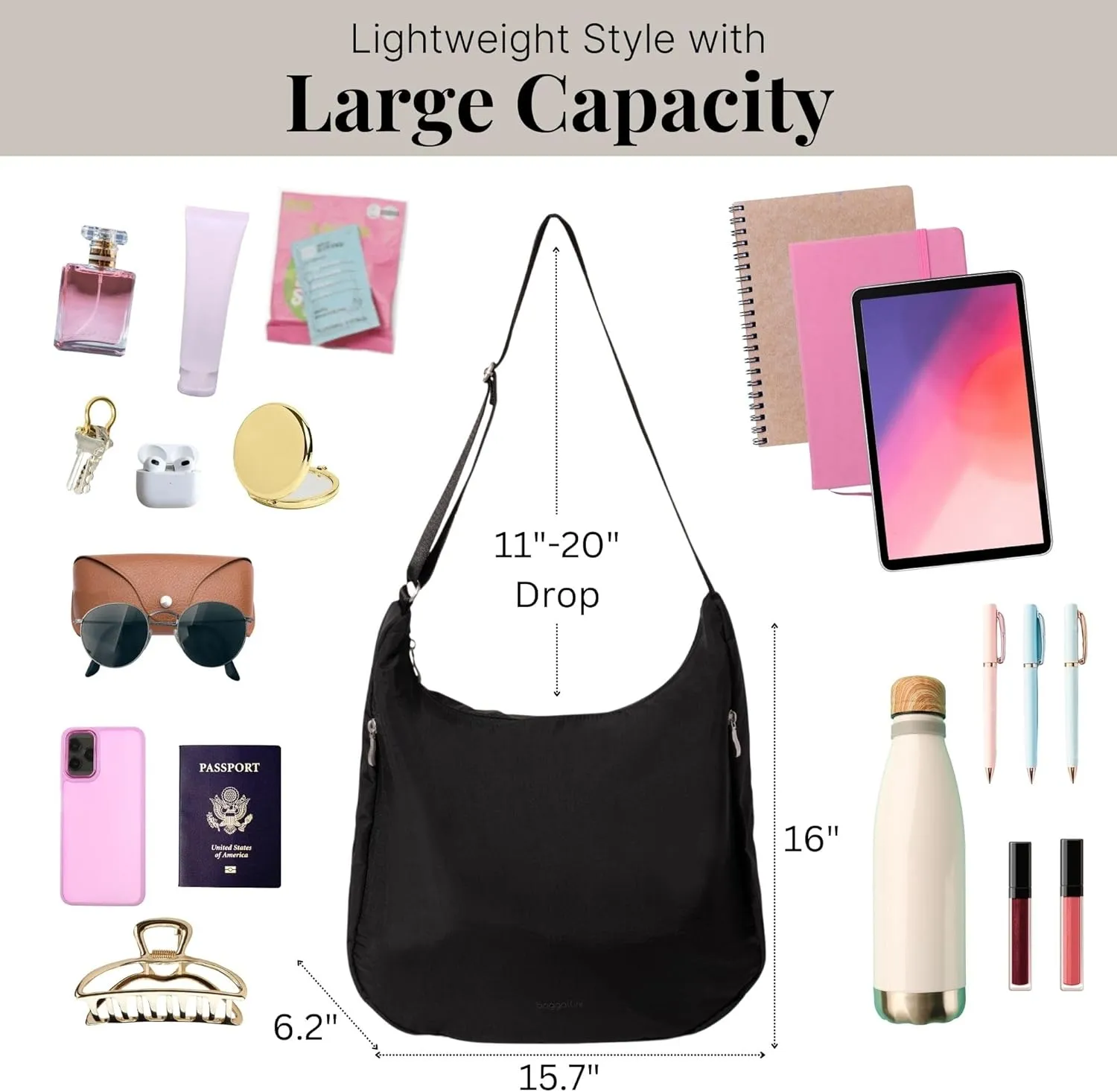 Baggallini Swift Hobo Crossbody Bag for Women - Lightweight 15.7"x16" Travel Purse Handbag Hobo Bag