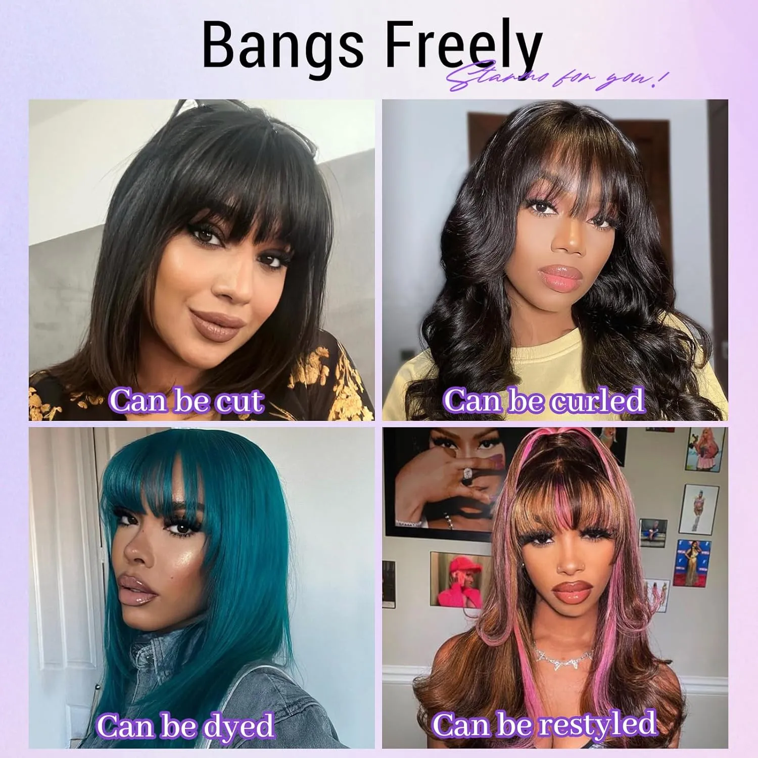 Bang Wigs Human Hair Glueless Straight Layered Bob Hairstyle 4x2 Transparent Lace Natural Black for Women 16 Inch