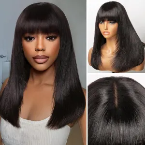 Bang Wigs Human Hair Glueless Straight Layered Bob Hairstyle 4x2 Transparent Lace Natural Black for Women 16 Inch