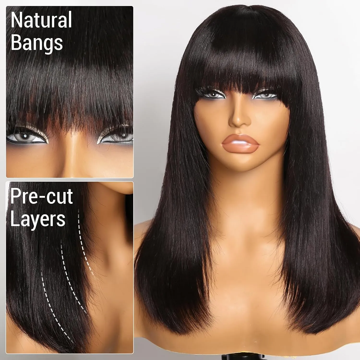 Bang Wigs Human Hair Glueless Straight Layered Bob Hairstyle 4x2 Transparent Lace Natural Black for Women 16 Inch
