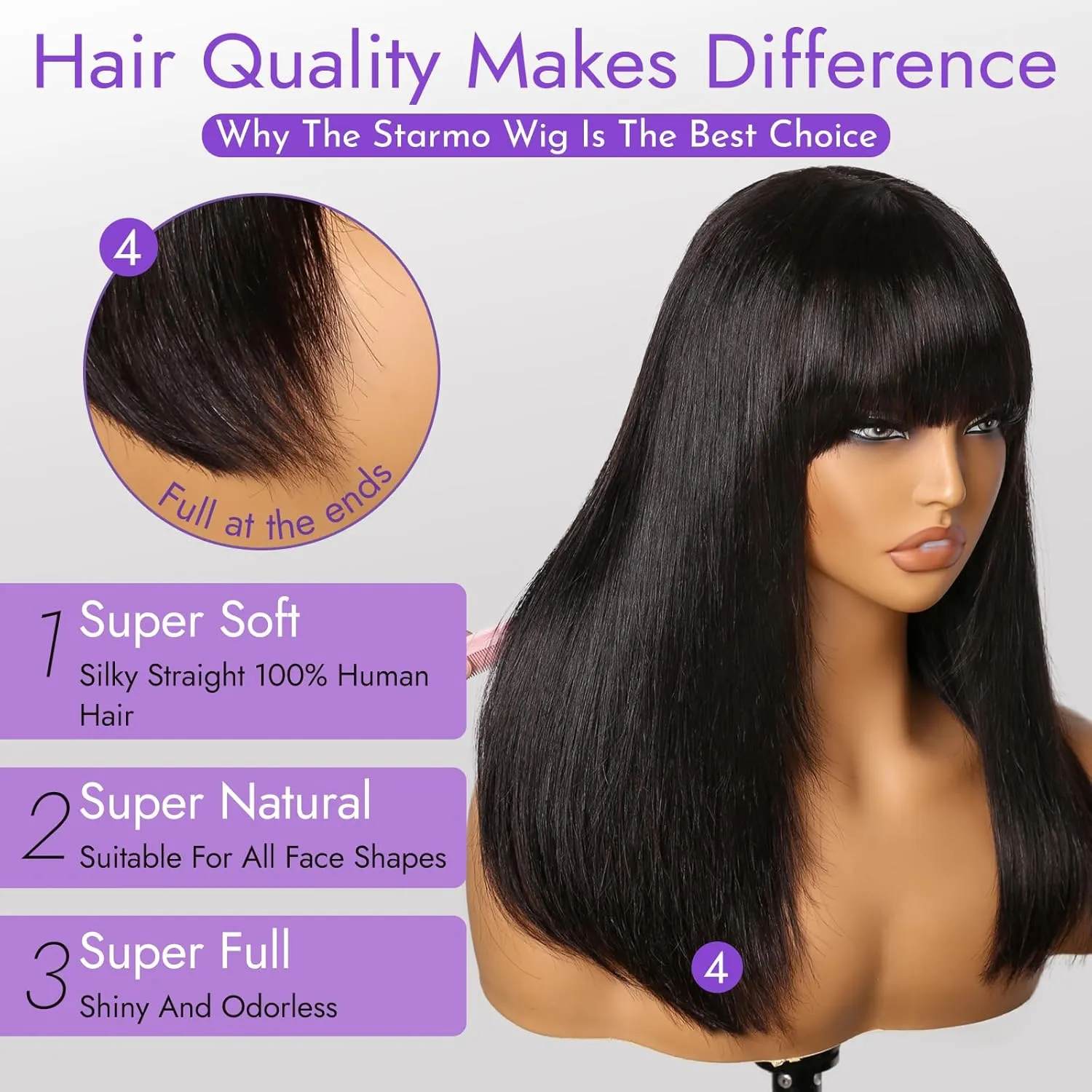 Bang Wigs Human Hair Glueless Straight Layered Bob Hairstyle 4x2 Transparent Lace Natural Black for Women 16 Inch
