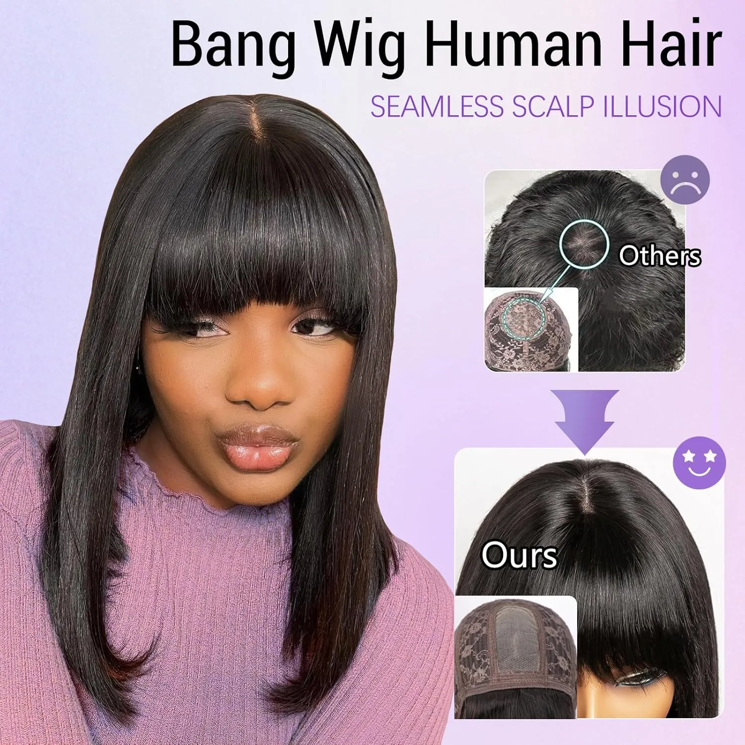 Bang Wigs Human Hair Glueless Straight Layered Bob Hairstyle 4x2 Transparent Lace Natural Black for Women 16 Inch