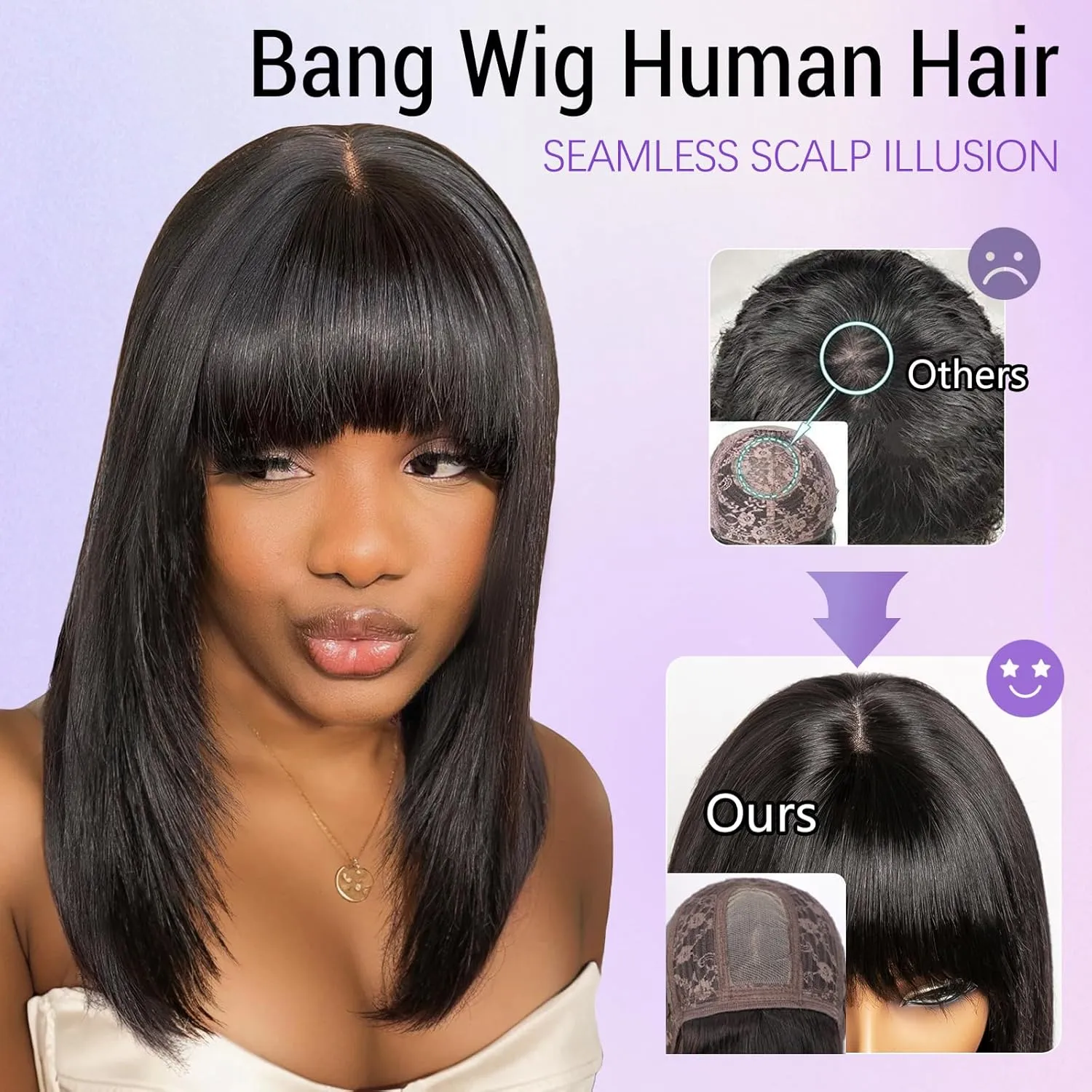Bang Wigs Human Hair Glueless Straight Layered Bob Hairstyle 4x2 Transparent Lace Natural Black for Women 18 Inch