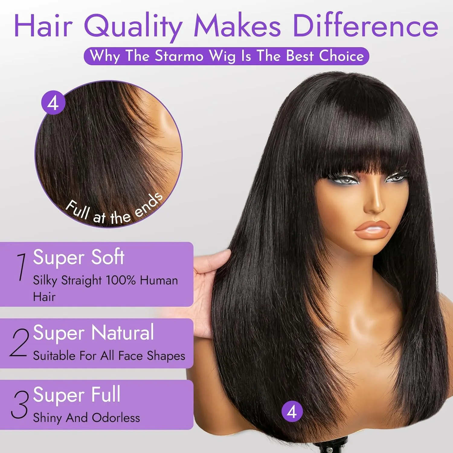 Bang Wigs Human Hair Glueless Straight Layered Bob Hairstyle 4x2 Transparent Lace Natural Black for Women 18 Inch