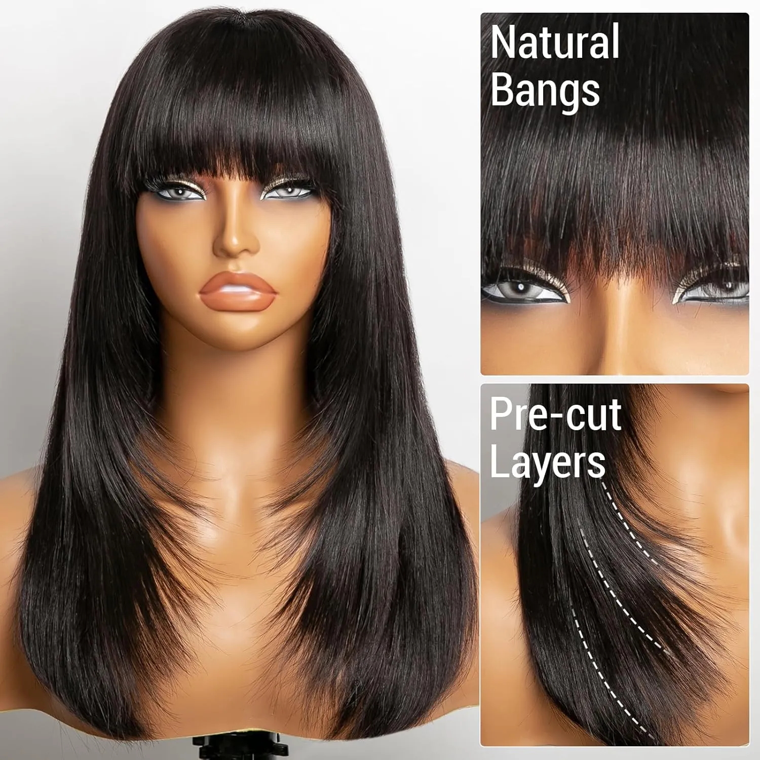 Bang Wigs Human Hair Glueless Straight Layered Bob Hairstyle 4x2 Transparent Lace Natural Black for Women 18 Inch