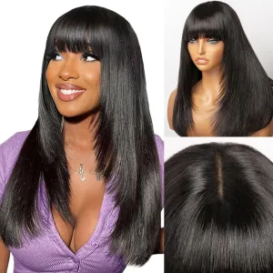 Bang Wigs Human Hair Glueless Straight Layered Bob Hairstyle 4x2 Transparent Lace Natural Black for Women 18 Inch