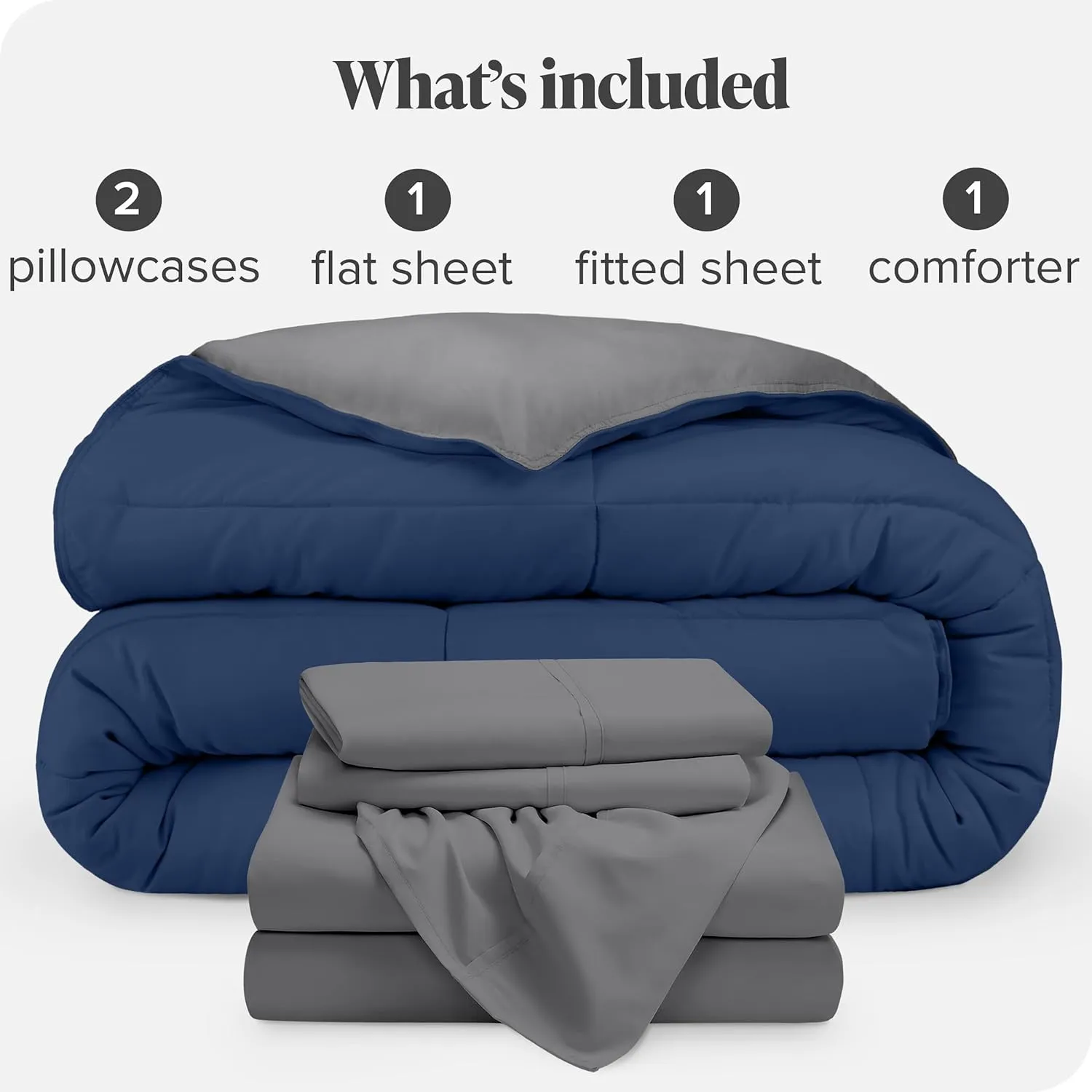 Bare Home Reversible Bed-in-A-Bag Comforter & Sheet Set - Full Extra Long - Down Alternative - Soft - Bedding Set (Full XL, Dark Blue/Grey, Grey)
