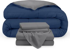 Bare Home Reversible Bed-in-A-Bag Comforter & Sheet Set - Full Extra Long - Down Alternative - Soft - Bedding Set (Full XL, Dark Blue/Grey, Grey)
