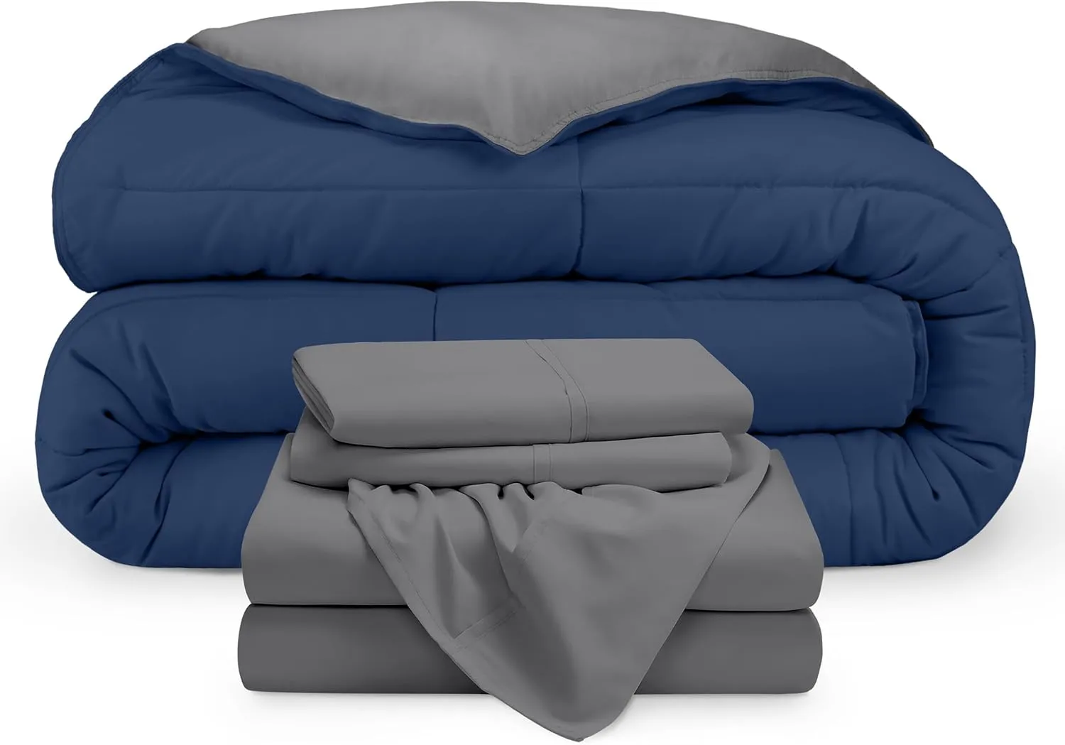 Bare Home Reversible Bed-in-A-Bag Comforter & Sheet Set - Full Extra Long - Down Alternative - Soft - Bedding Set (Full XL, Dark Blue/Grey, Grey)