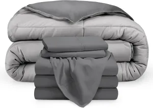 Bare Home Reversible Bed-in-A-Bag Comforter & Sheet Set - Split King - Down Alternative - Soft - Bedding Set (Split King, Grey/Light Grey)