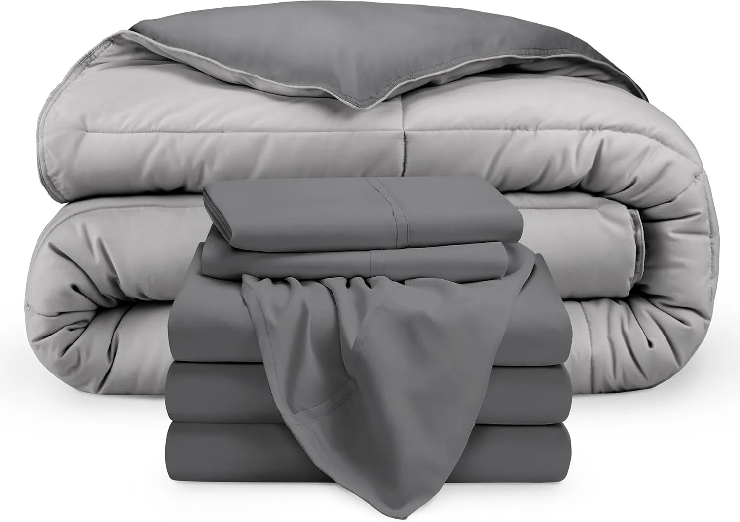 Bare Home Reversible Bed-in-A-Bag Comforter & Sheet Set - Split King - Down Alternative - Soft - Bedding Set (Split King, Grey/Light Grey)