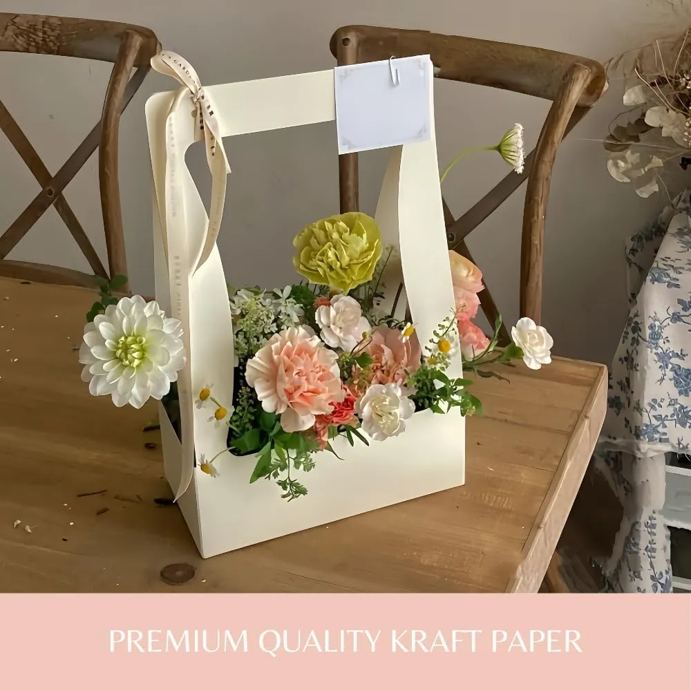 BBJ Craft Paper Gift Bags for Flower Bouquet Florist Bouquet Packaging Bag with Handle, 5 Pcs (White)