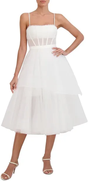 BCBGMAXAZRIA Women's Short Midi Evening Fit and Flare Adjustable Spaghetti Straps Tiered Skirt Corset Bodice Dresses