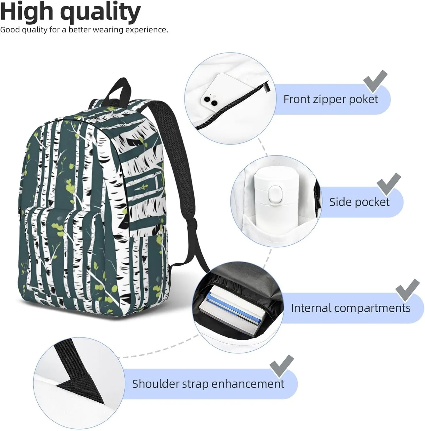 Beauty Birch Tree Print Canvas Laptop Backpack Outdoor Casual Travel Bag Daypack Book Bag For Men Women