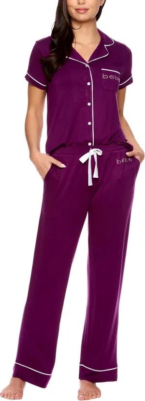 bebe Womens 2 Piece Bridesmaid Pajamas Set Short Sleeve Button Down Shirt and Pants