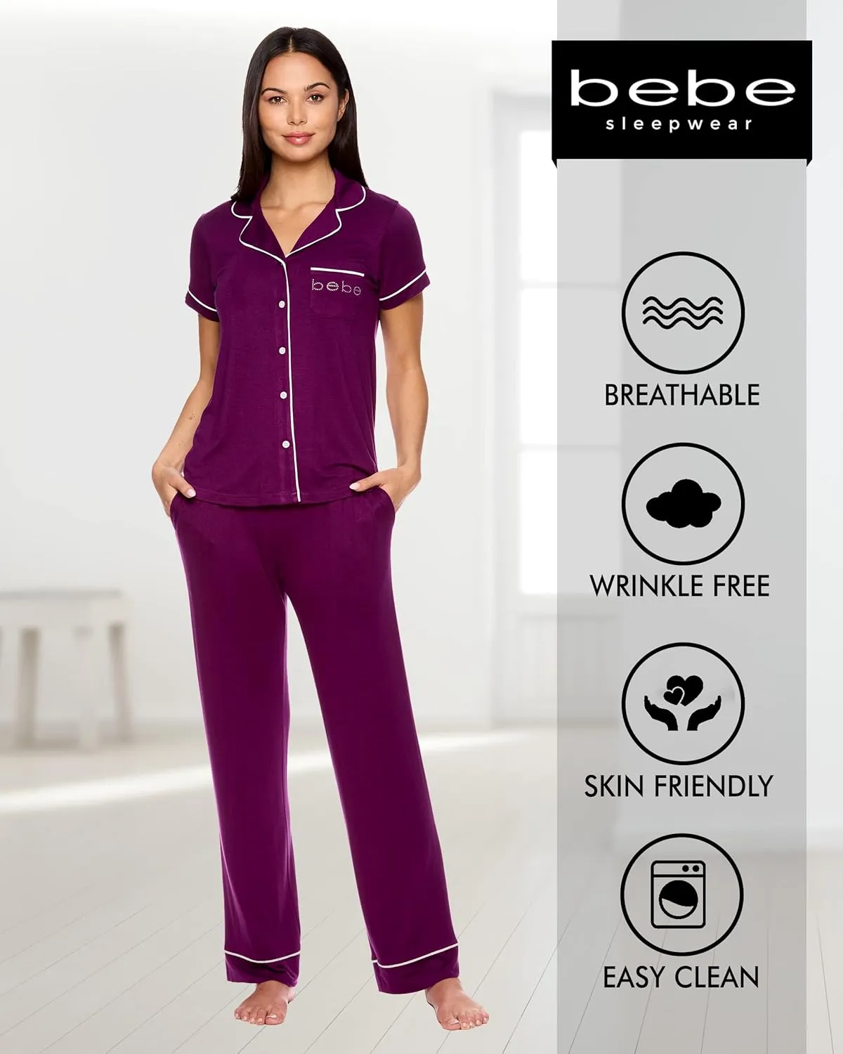 bebe Womens 2 Piece Bridesmaid Pajamas Set Short Sleeve Button Down Shirt and Pants