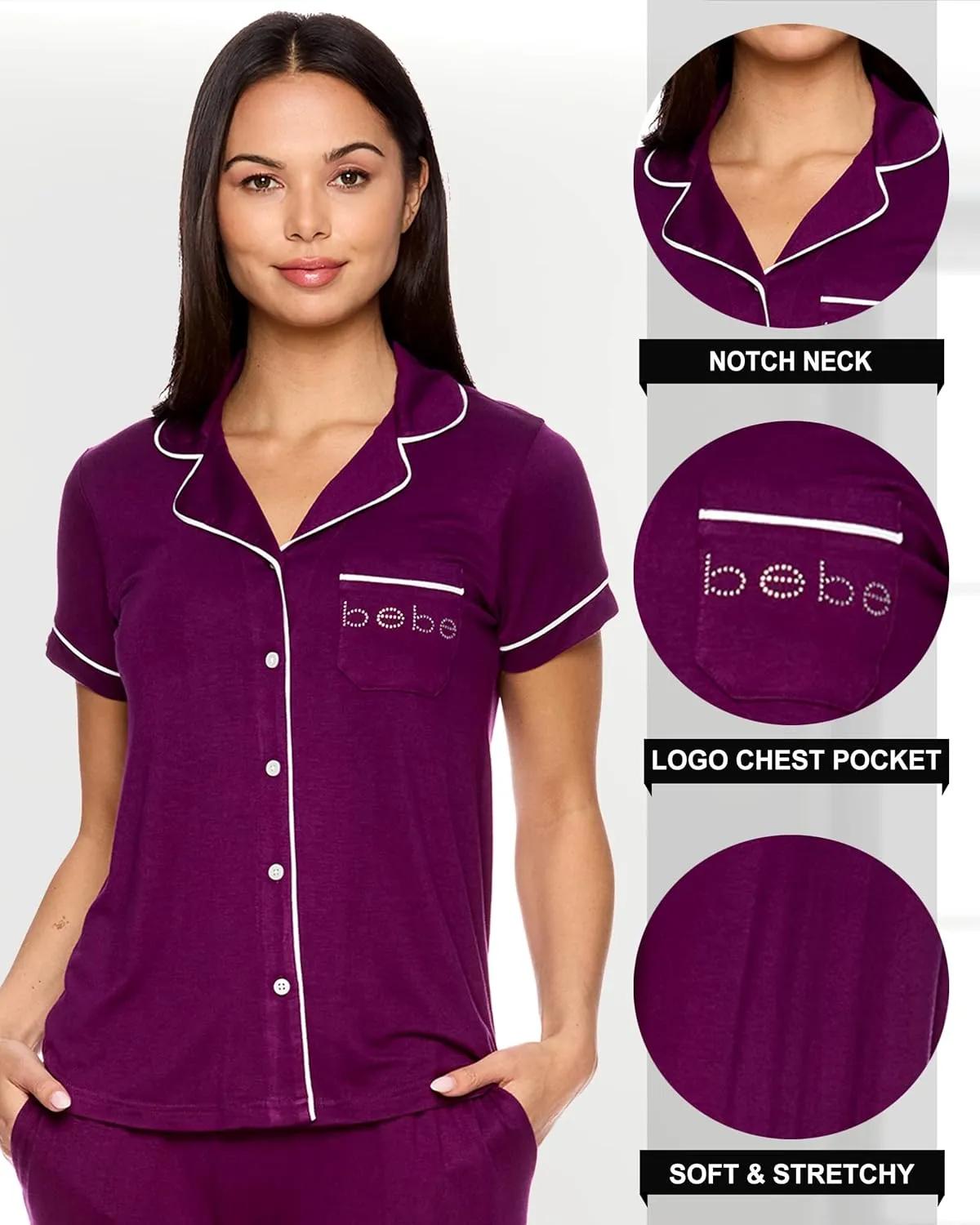 bebe Womens 2 Piece Bridesmaid Pajamas Set Short Sleeve Button Down Shirt and Pants