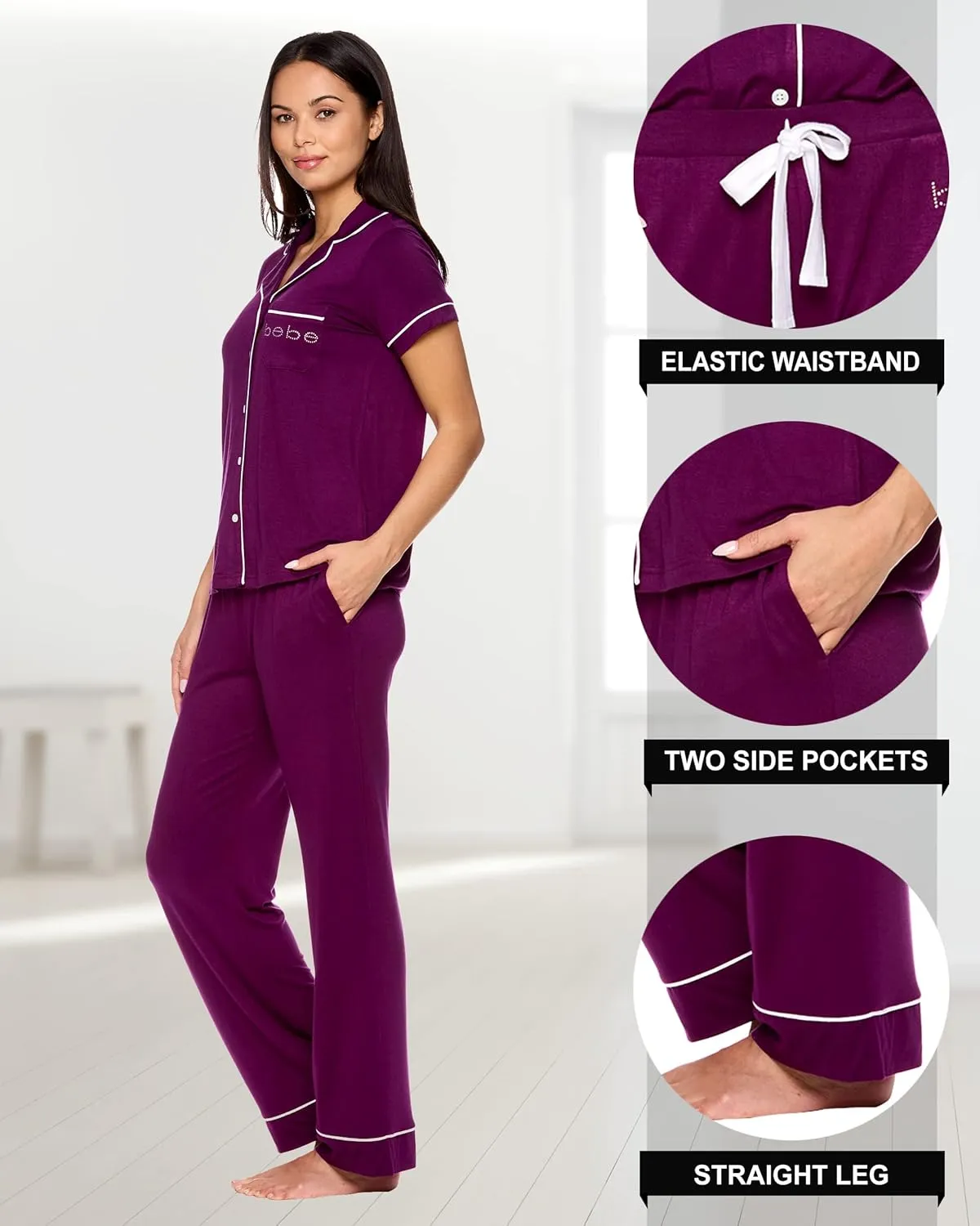 bebe Womens 2 Piece Bridesmaid Pajamas Set Short Sleeve Button Down Shirt and Pants