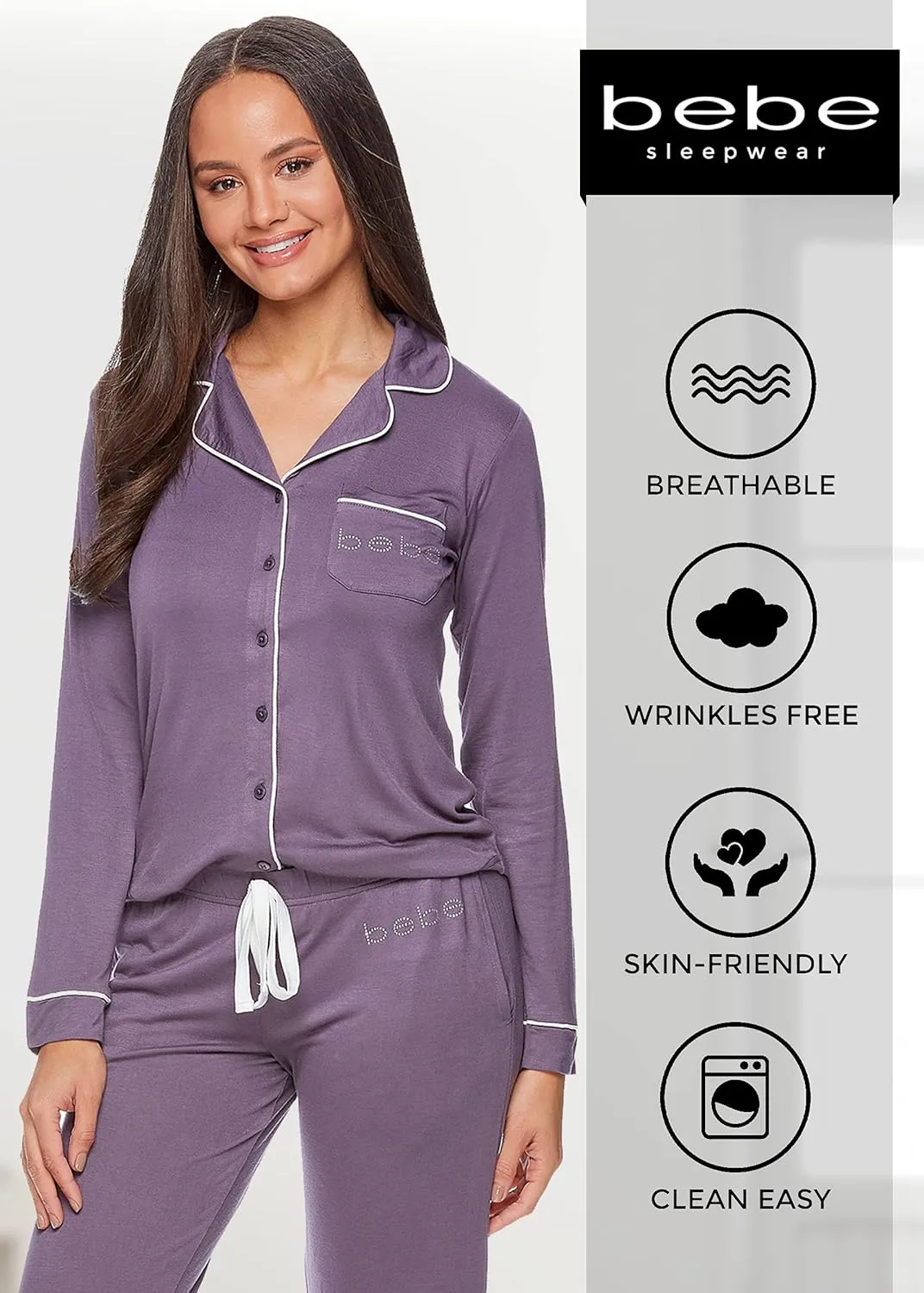 bebe Womens Pajama Sets - PJ Set for Women - Long Sleeve Button Down Shirt and Pamaja Pants Lounge Sleepwear Set