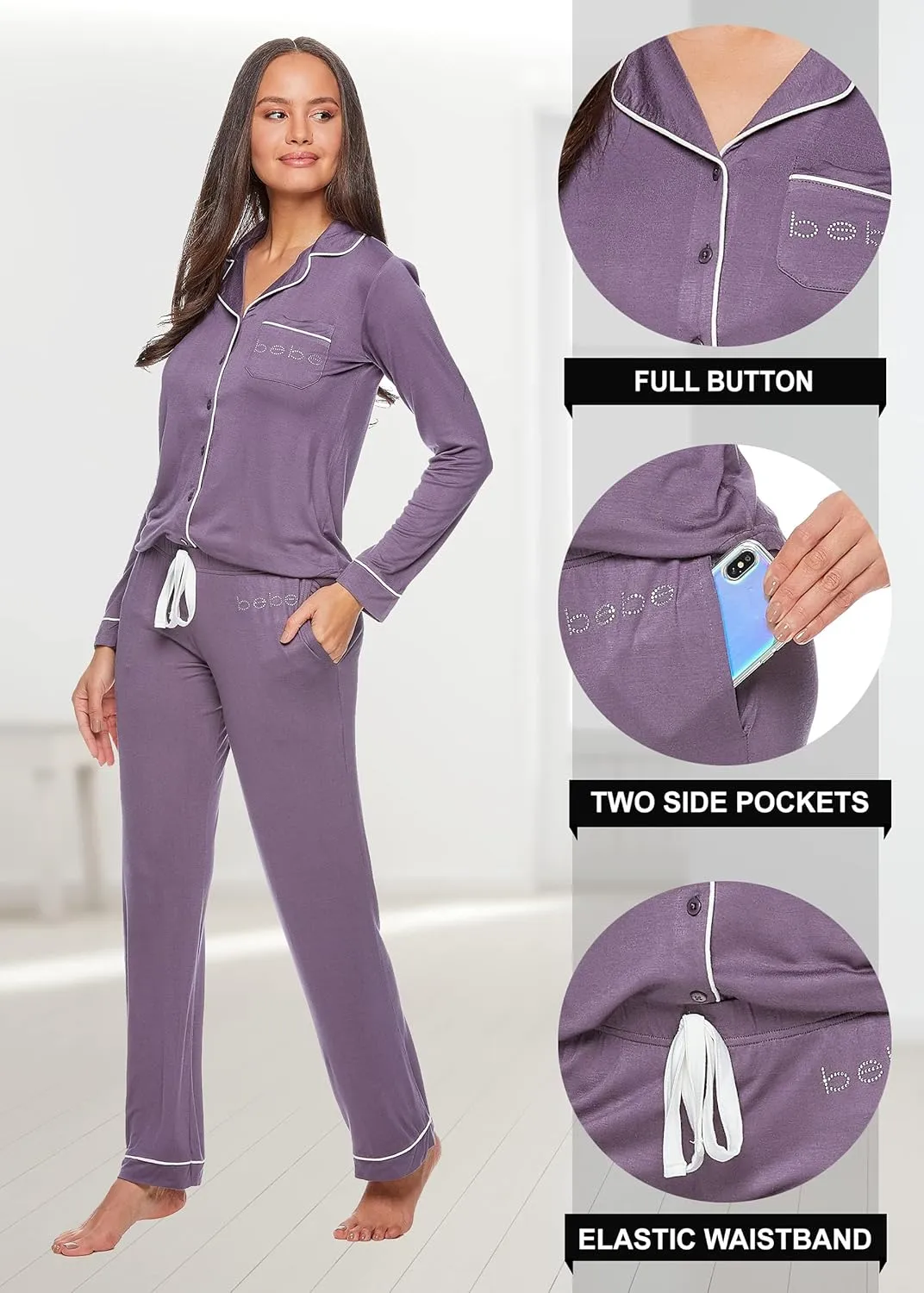 bebe Womens Pajama Sets - PJ Set for Women - Long Sleeve Button Down Shirt and Pamaja Pants Lounge Sleepwear Set