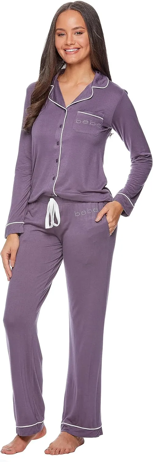 bebe Womens Pajama Sets - PJ Set for Women - Long Sleeve Button Down Shirt and Pamaja Pants Lounge Sleepwear Set
