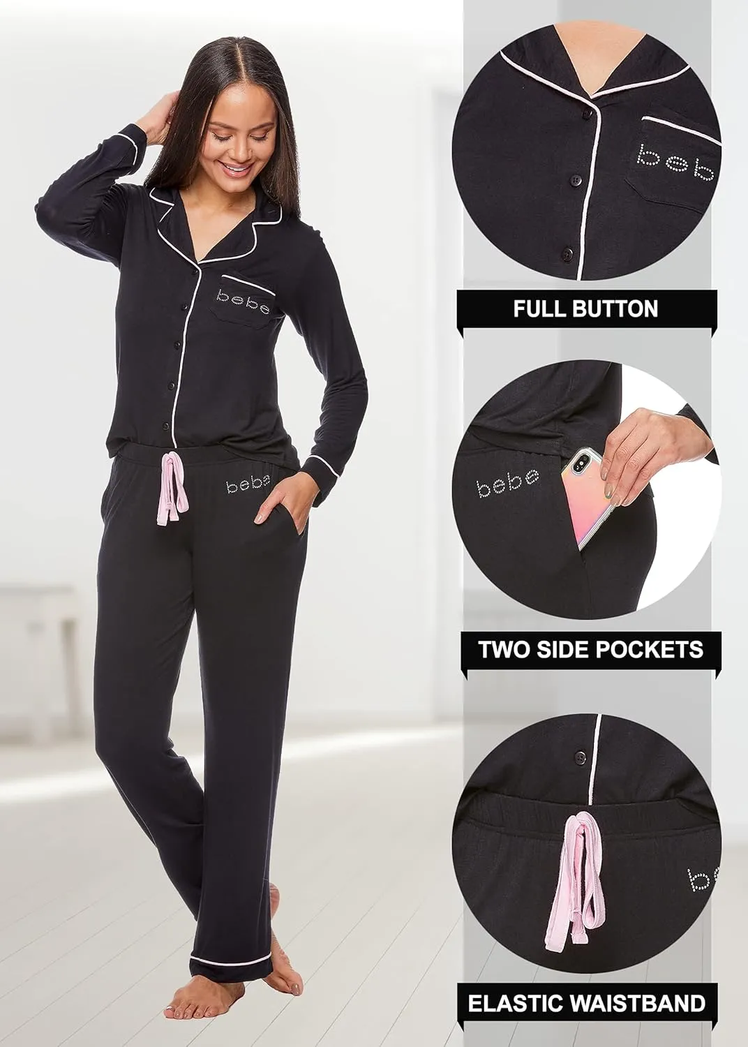 bebe Womens Pajama Sets - PJ Set for Women - Long Sleeve Button Down Shirt and Pamaja Pants Lounge Sleepwear Set