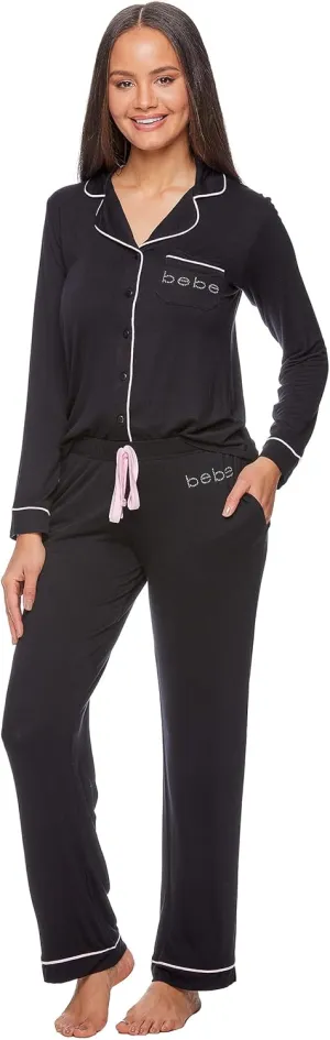 bebe Womens Pajama Sets - PJ Set for Women - Long Sleeve Button Down Shirt and Pamaja Pants Lounge Sleepwear Set
