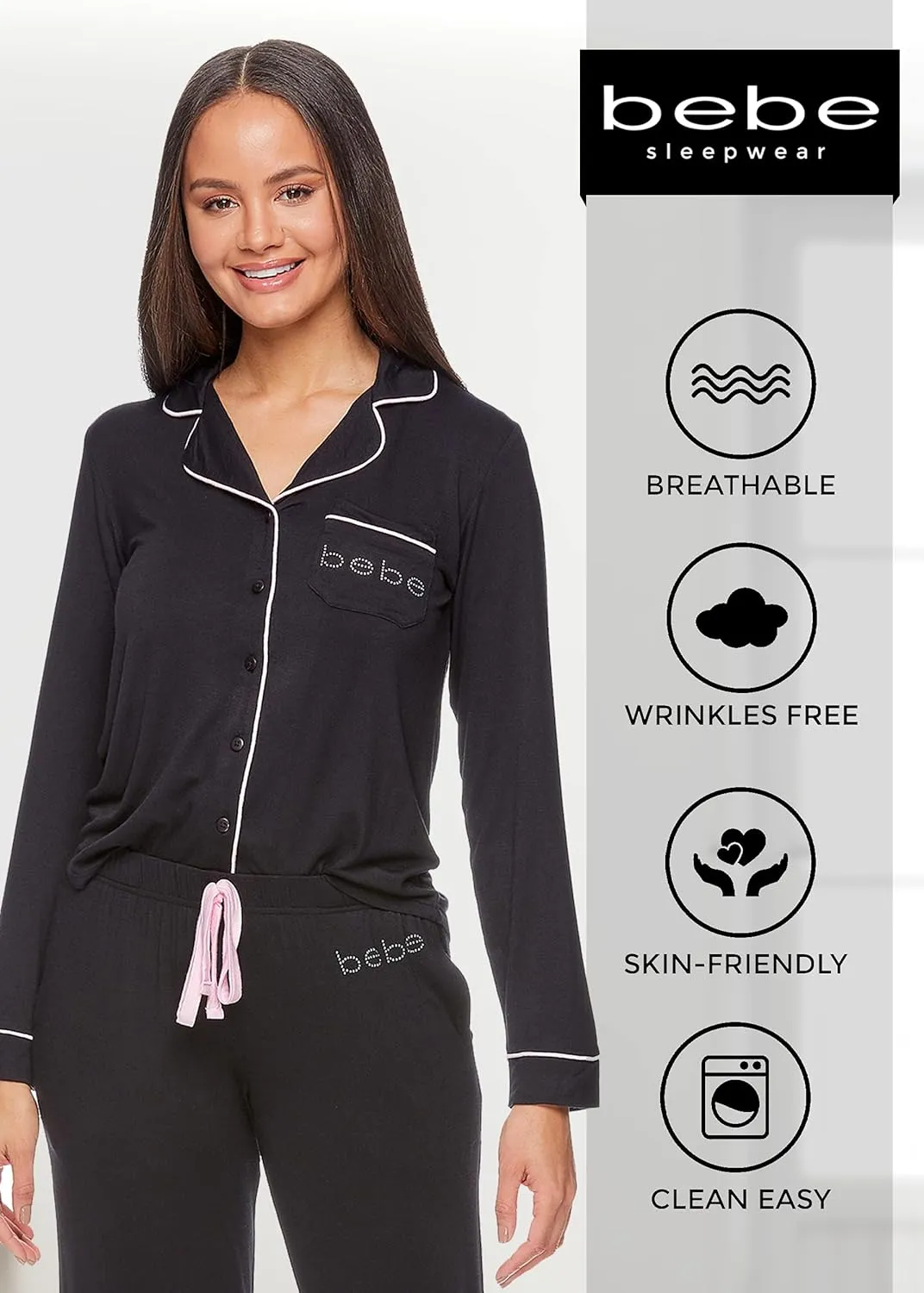 bebe Womens Pajama Sets - PJ Set for Women - Long Sleeve Button Down Shirt and Pamaja Pants Lounge Sleepwear Set