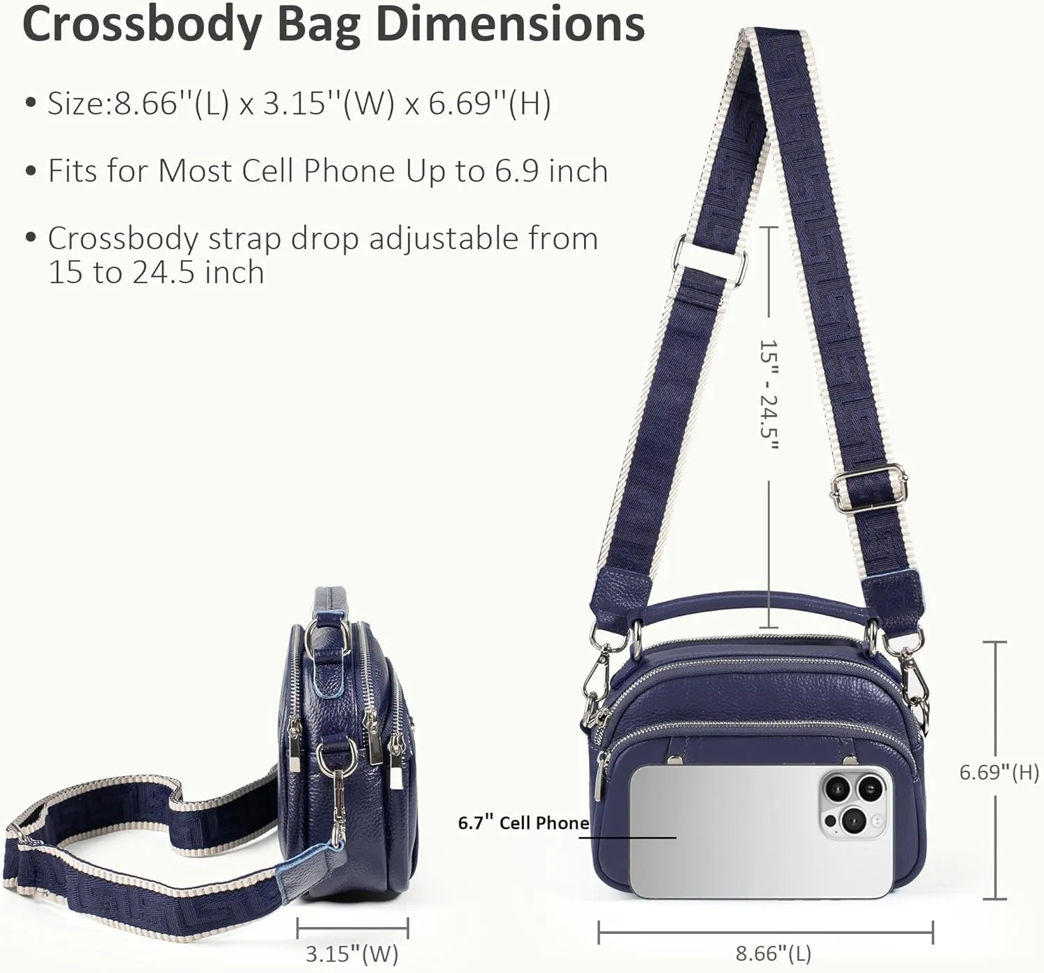 befen Small Genuine Leather Camera Crossbody Bags for Women Triple Zip Cross Body Purses Handbag with Wide Strap