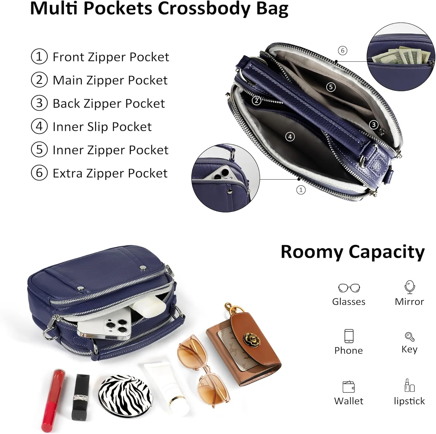 befen Small Genuine Leather Camera Crossbody Bags for Women Triple Zip Cross Body Purses Handbag with Wide Strap