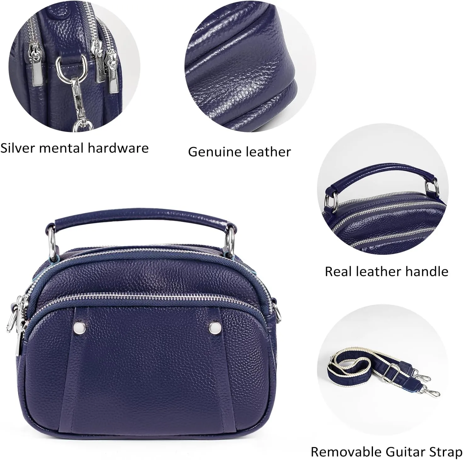 befen Small Genuine Leather Camera Crossbody Bags for Women Triple Zip Cross Body Purses Handbag with Wide Strap