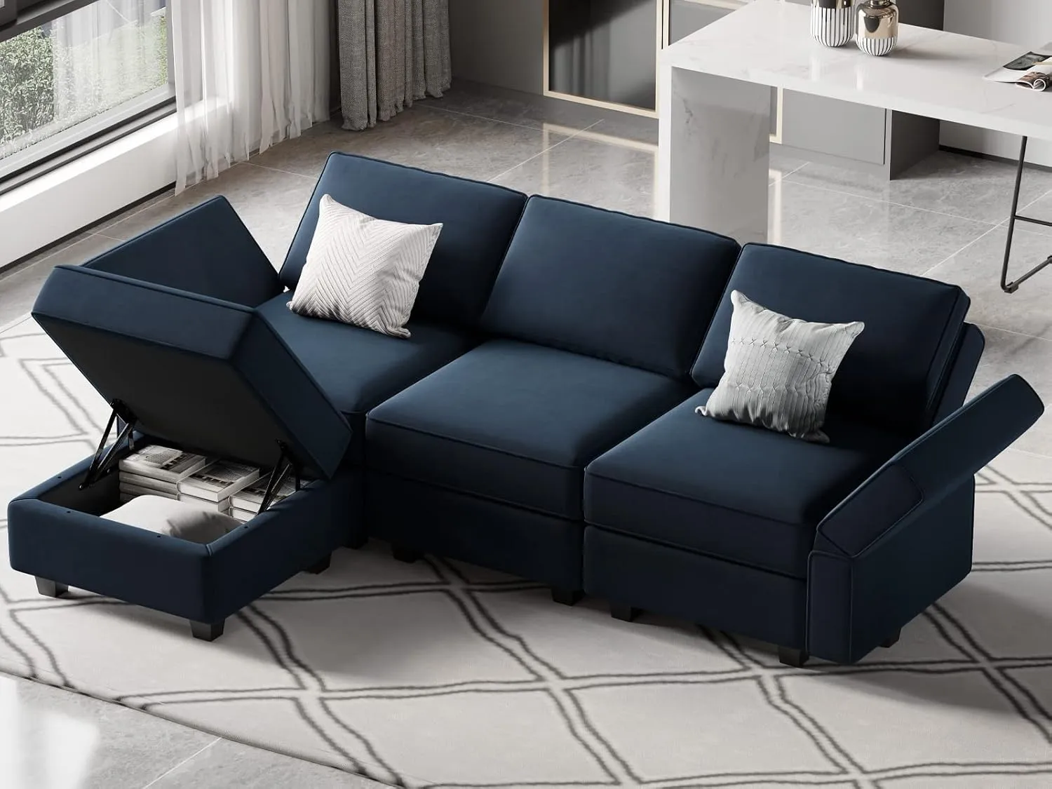 Belffin Convertible Sectional Sofa with Chaise Velvet L Shaped Sofa Couch Modular Sectional Sofa with Storage Blue