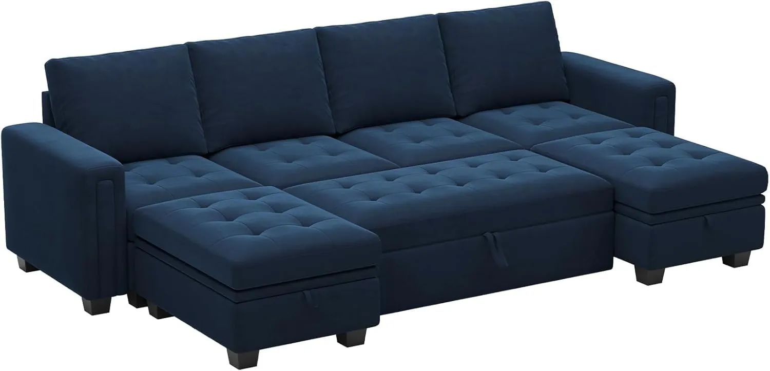 Belffin Modular Sectional Sleeper Sofa with Pull Out Bed Convertible U Shaped Sectional Sofa Couch with Storage Chaises for Living Room Blue