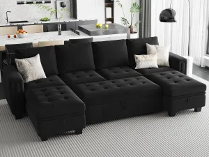 Belffin Modular Sectional Sleeper Sofa with Pull Out Bed Velvet Convertible U Shaped Sectional Sofa Couch with Storage Chaises for Living Room Black