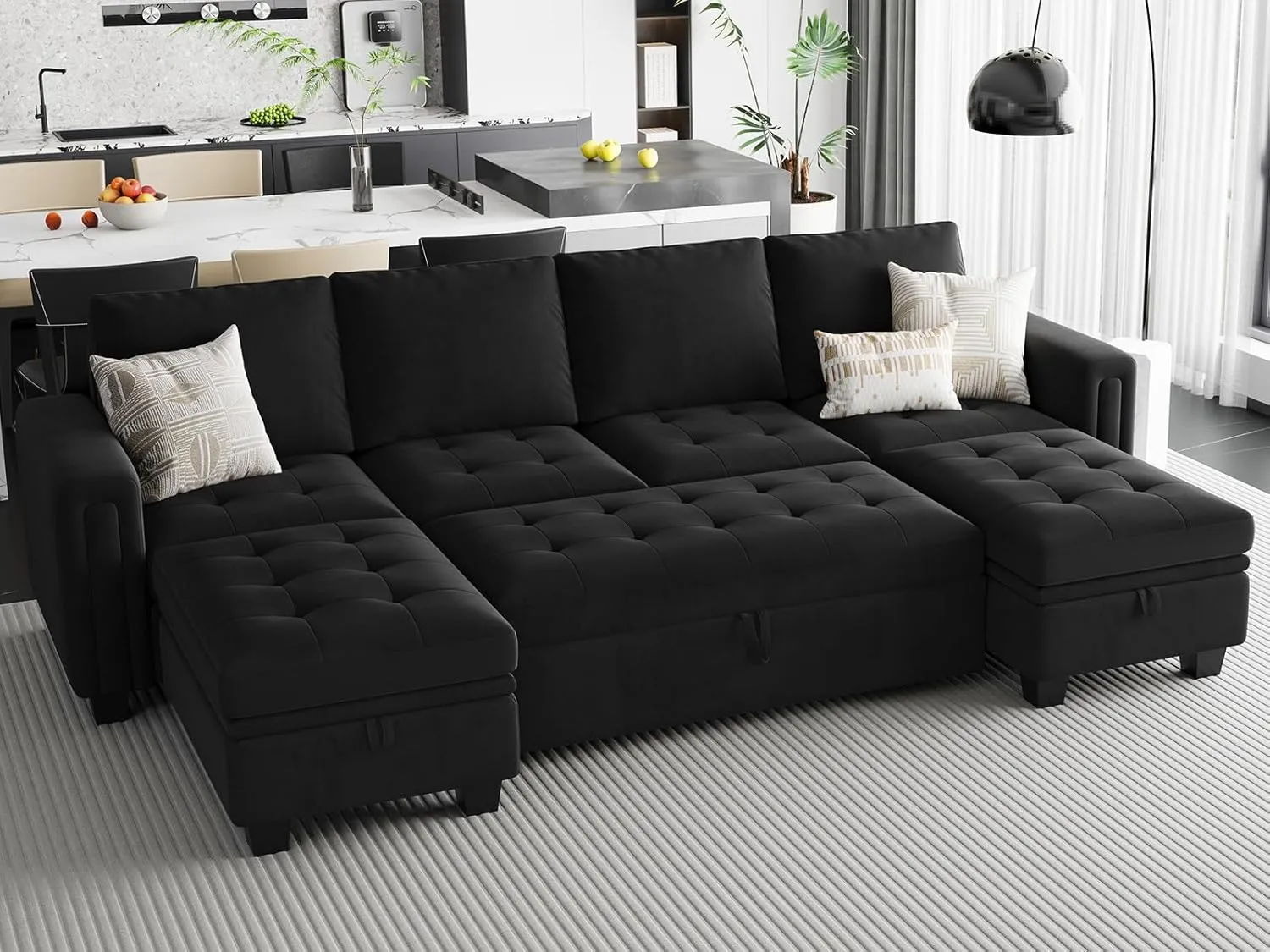 Belffin Modular Sectional Sleeper Sofa with Pull Out Bed Velvet Convertible U Shaped Sectional Sofa Couch with Storage Chaises for Living Room Black
