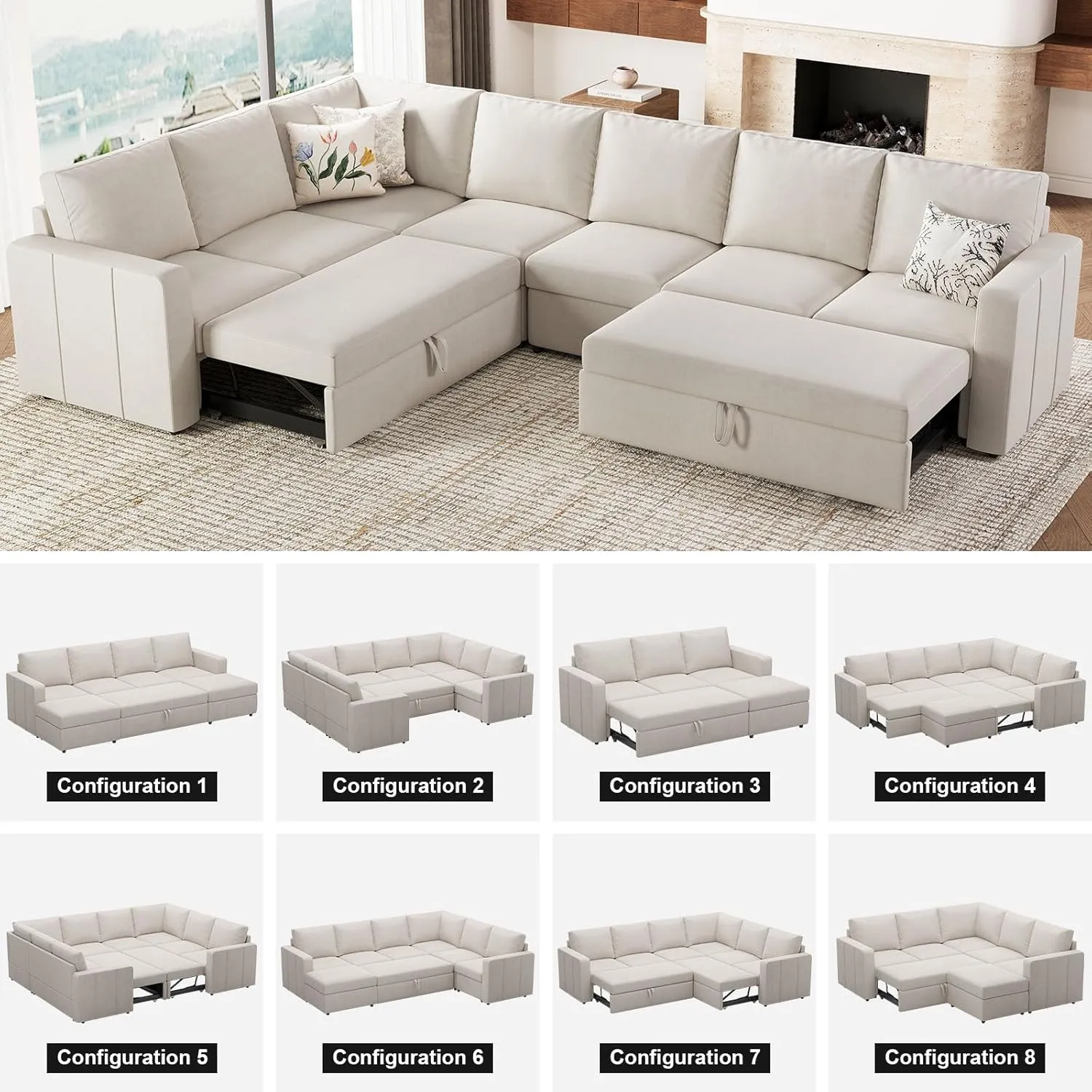 Belffin Modular Sectional Sleeper Sofa with Pull Out Couch, U Shaped Sleeper Pull Out Bed, Convertible Sectional Couches for Living Room, Beige