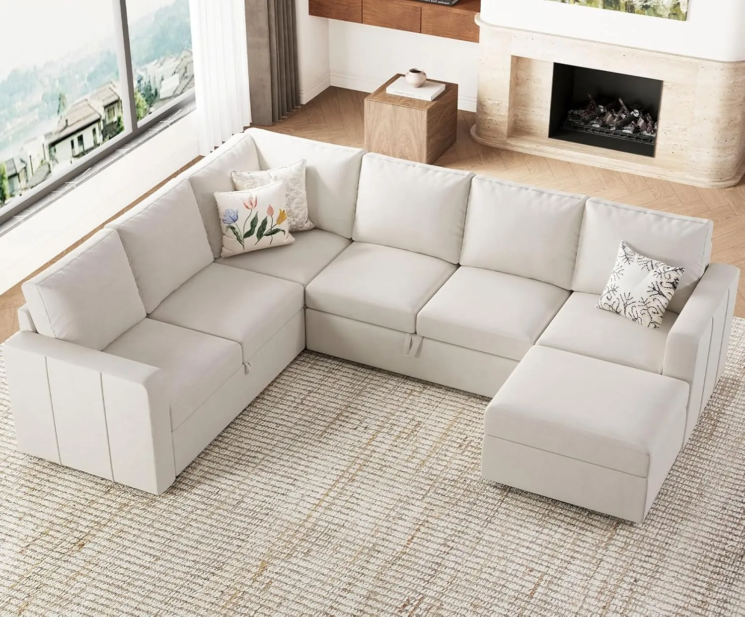 Belffin Modular Sectional Sleeper Sofa with Pull Out Couch, U Shaped Sleeper Pull Out Bed, Convertible Sectional Couches for Living Room, Beige