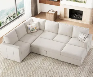 Belffin Modular Sectional Sleeper Sofa with Pull Out Couch, U Shaped Sleeper Pull Out Bed, Convertible Sectional Couches for Living Room, Beige